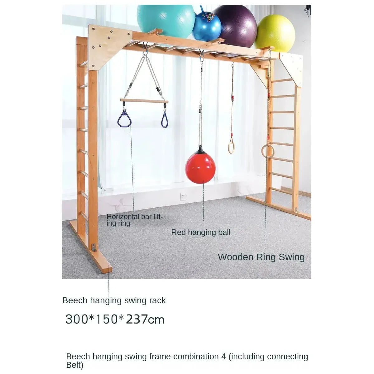 Experience ultimate playtime with our Indoor Sensory Fitness Ladder for Kids. This equipment features a climbing ladder, wooden ring swing, hanging balls, and a horizontal bar with rings. Measuring 300*150*237 cm, it includes four large balls on top for sensory integration training.