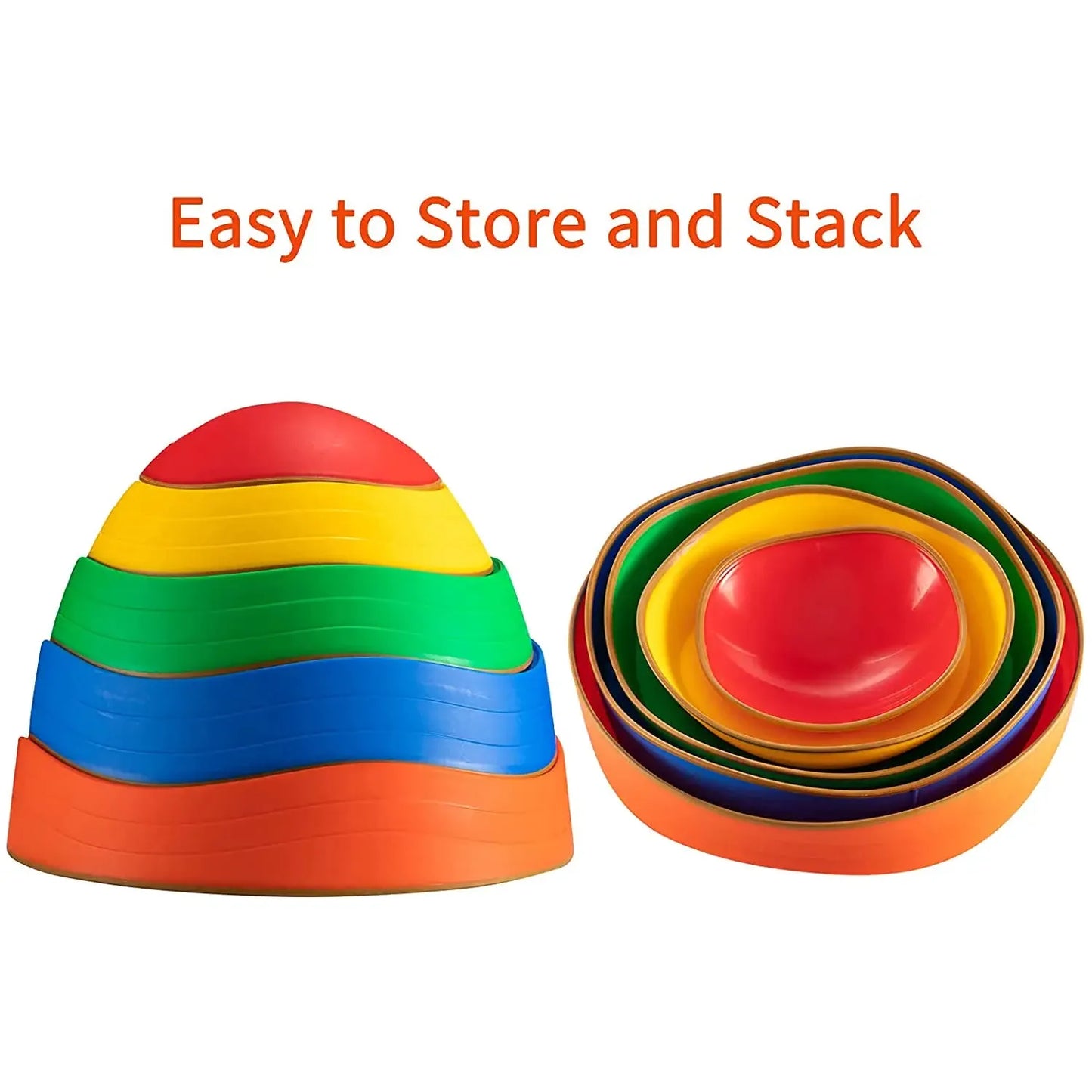 A set of Kids 5-Piece Outdoor Balance Stepping Stones in red, orange, yellow, blue, and green arranged like a playful obstacle course with text above: Easy to Store and Stack.