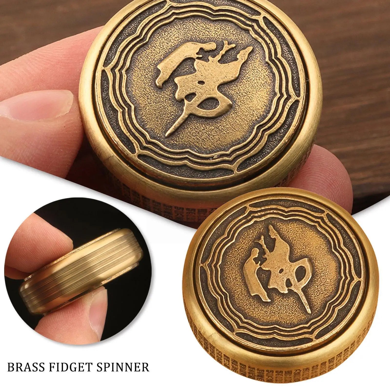 A person holds a Zen Buddha Fidget Spinner Metal EDC Fidget Toy for Adults, featuring an engraved design, textured edges, and antique finish for stress and anxiety relief. Text reads BRASS FIDGET SPINNER.