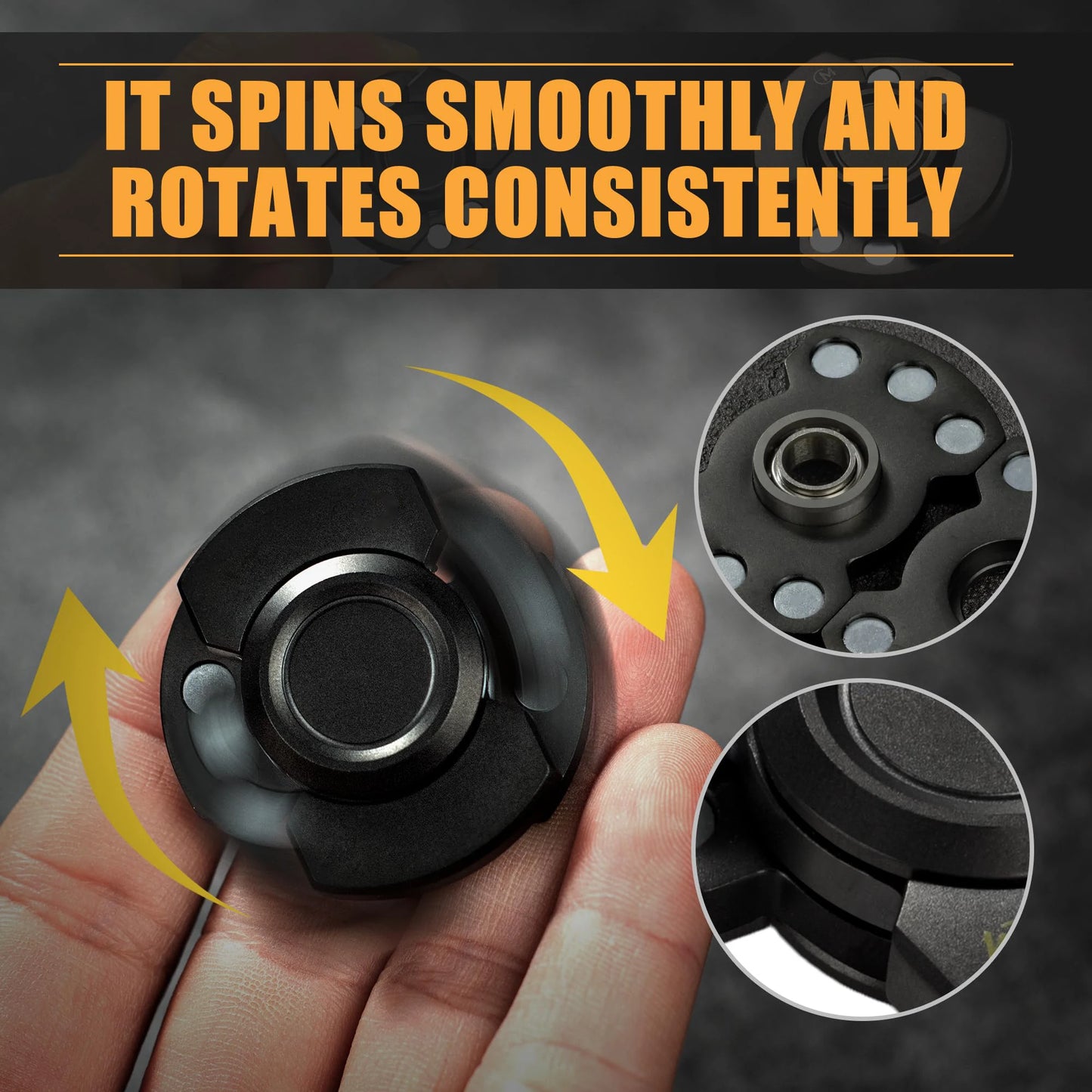 A hand holds the Stainless Steel 3 in 1 Fidget Spinner and Slider Combo with Click Button Metal Toy for Adult Stress Relief. Yellow arrows show motion; close-ups highlight the smooth bearing and details. Text: Spins smoothly for stress relief.