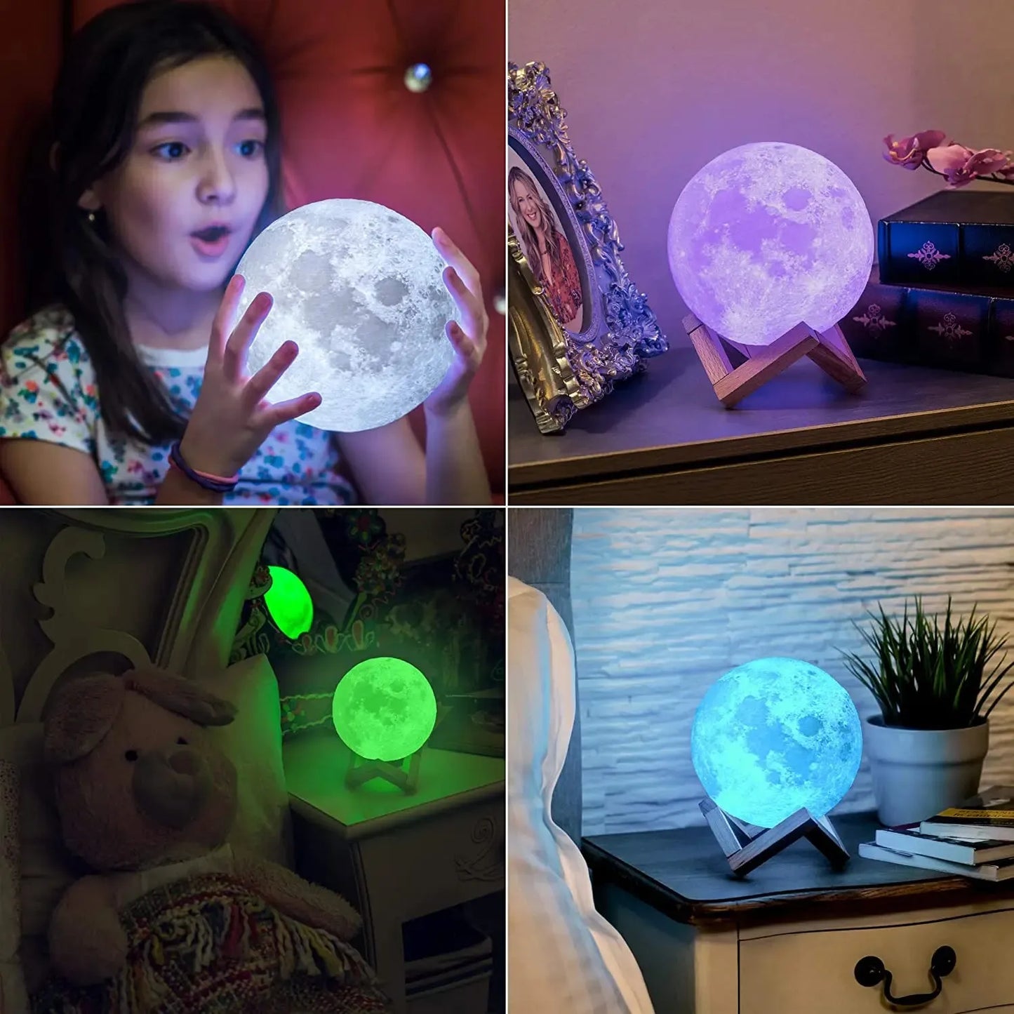 Collage of a girl holding the Celestial 3D Moon Lamp LED Night Light, featuring three scenes: the lamp with a blue glow on a wooden stand, a green glow near a teddy bear, and another blue glow on a dresser beside a plant.