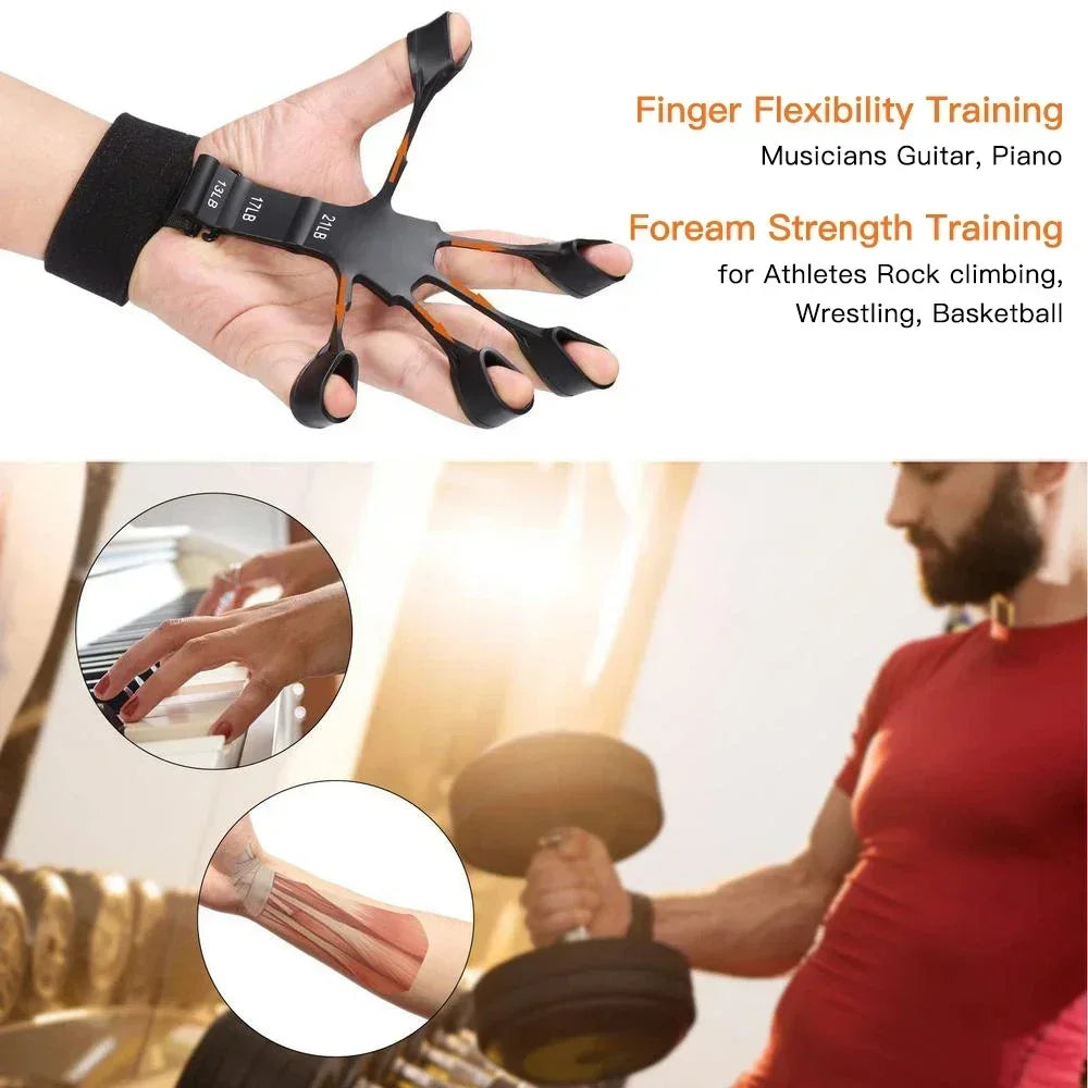 Close-up of a hand using the Adjustable Hand Grip Strengthener for Muscle Development and Injury Recovery. Text reads Finger Flexibility Training and Forearm Strength Training. In the background, a woman plays piano, while a man lifts weights, showing its use for musicians and athletes.