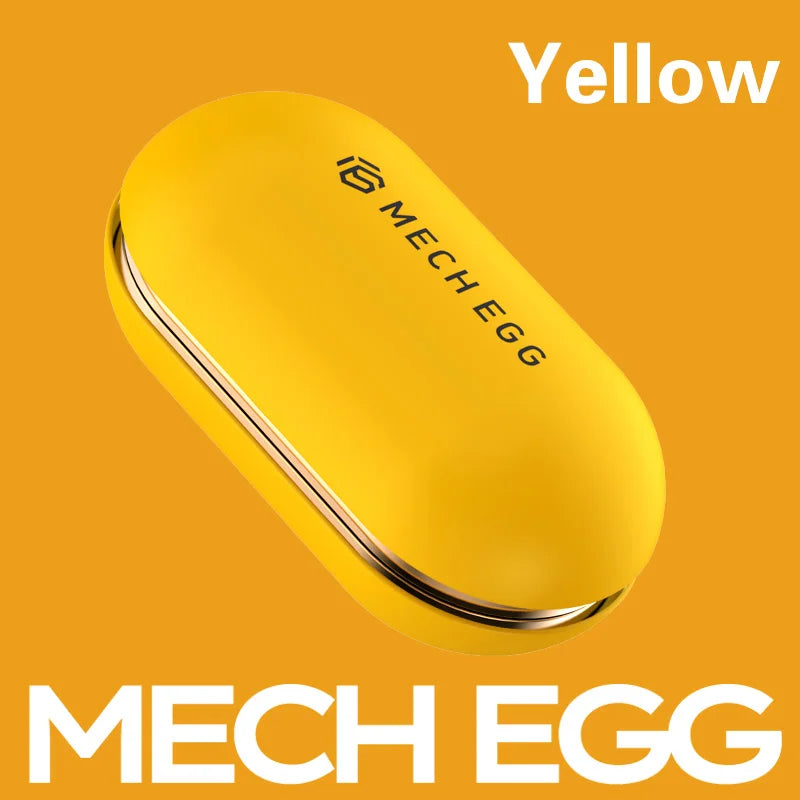 A yellow, oval Mech Egg EDC Fidget Slider Metal Toy for adults is shown on a matching yellow-orange background, with the brand name printed on top and “Yellow” and “MECH EGG” in bold white text.