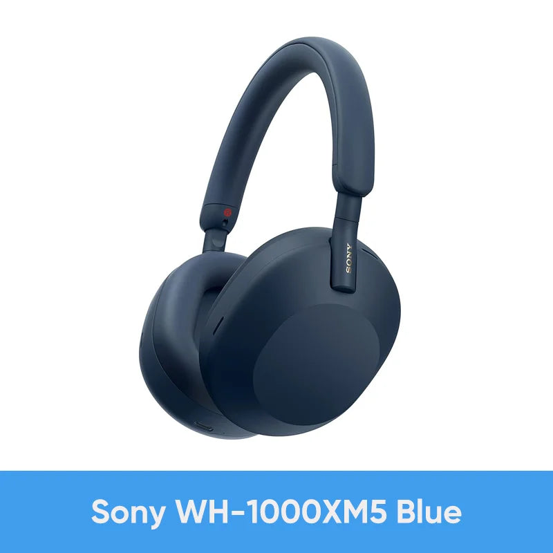 Blue Sony WH-1000XM5 Wireless Noise Canceling Headphones with Integrated Processor V1, Soft Fit Leather, 30-hour battery life, and 4 microphones are displayed on a white background with the product name highlighted below.