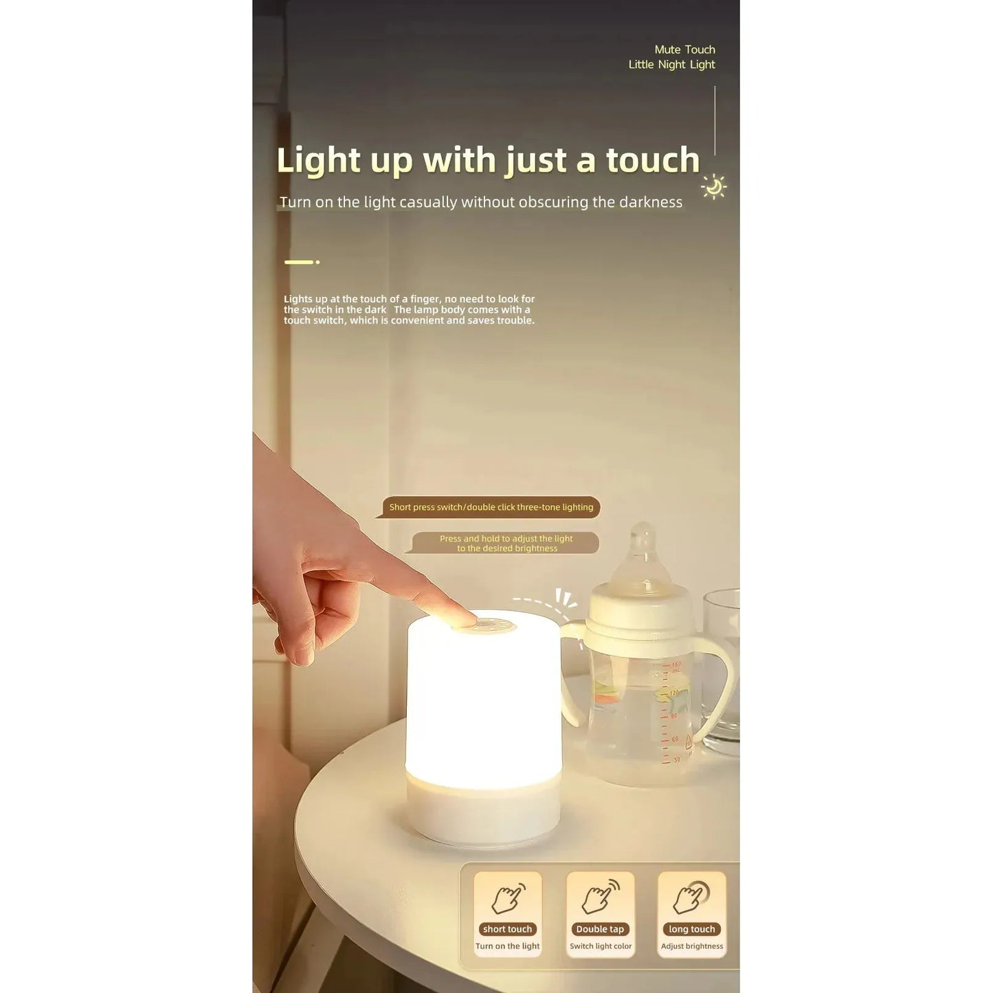 A persons finger activates the Rechargeable Dimmable Touch LED Night Light, casting a warm glow from a white table beside a baby bottle. Text reads, Light up with just a touch, highlighting its USB rechargeable convenience—ideal for bedroom decor and perfect as a Christmas gift for kids.