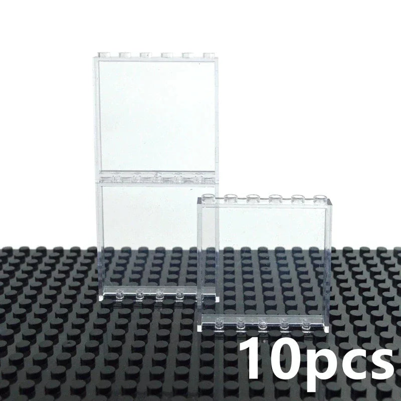 Two transparent white 1x6 MOC bulk bricks stand upright on a black baseplate. Perfect for creative builds, these wall panel parts are Lego compatible. The image includes 10pcs text in the lower right corner.