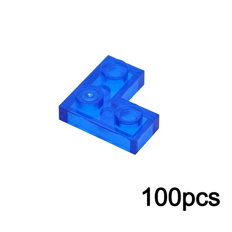 MOC Transparent Bulk Brick Set in L transparent blue, featuring various sizes like 1x1, 1x2, 1x4, and 2x4. Compatible with Lego—perfect for custom walls or panels. 100pcs is shown in black at the bottom right corner.