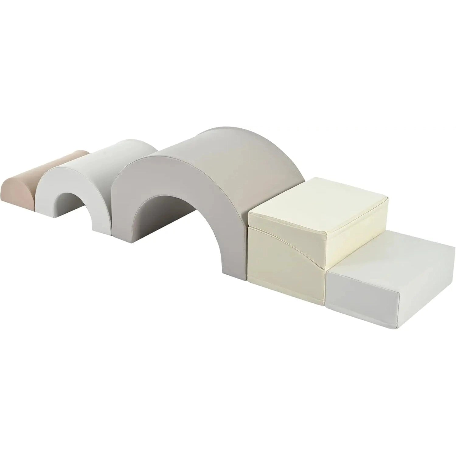 The Rainbow Soft Play Set includes soft foam blocks and a foldable slide in neutral tones, featuring two arches and two rectangles for climbing or crawling, ideal for toddlers ages 6-12 months; perfect unisex indoor play.