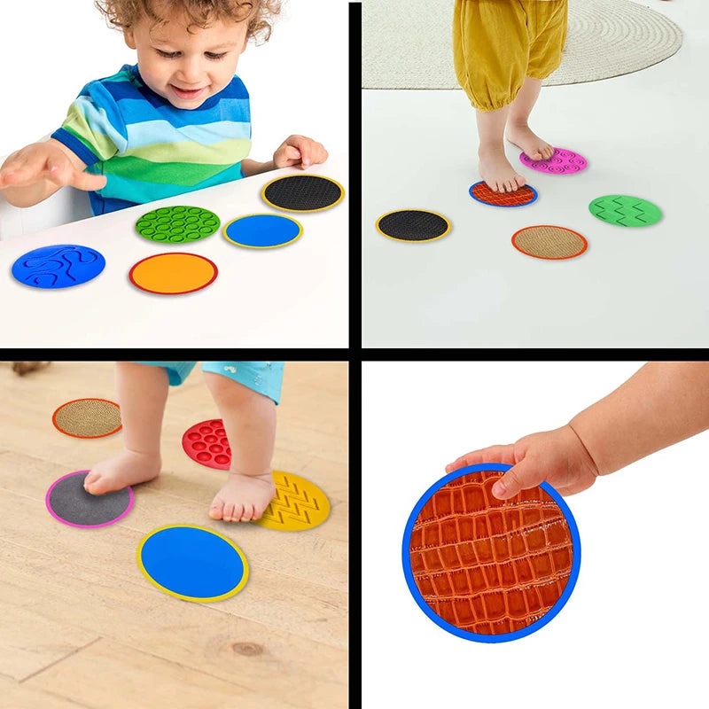 Kids enjoy developmental play with the Montessori Tactile Adventure Mat, engaging with colorful sensory discs. One child uses hands and feet to explore, another balances on a stepping stone. A hand is shown holding a textured orange piece amidst vibrant blue, green, and red textures.