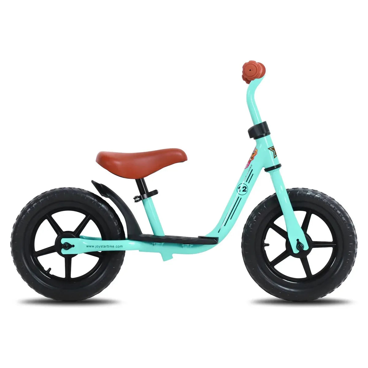 The JOYSTAR Kids Balance Bike, suitable for ages 18 months to 5 years, comes in green with adjustable seat and footrest. Its design helps toddlers develop balance and coordination without pedals. Ideal as a childs first bike!.