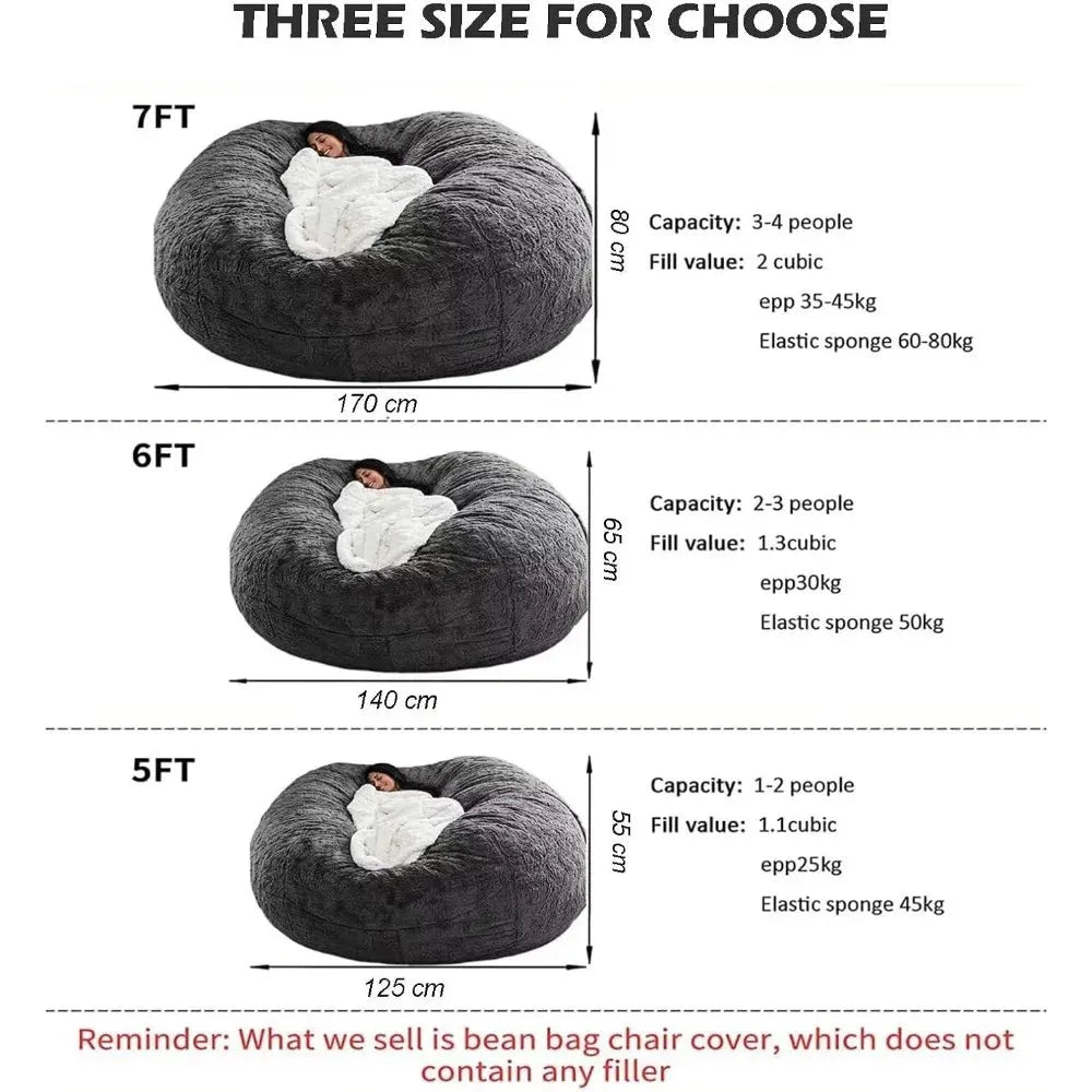 Graphic showcasing plush bean bag chair covers, including the 6FT Giant Cozy Plush Bean Bag Chair for Adults and Families. Each oversized chair features varied capacities, fill volumes, and sponge weights. Note: cover does not include filler.