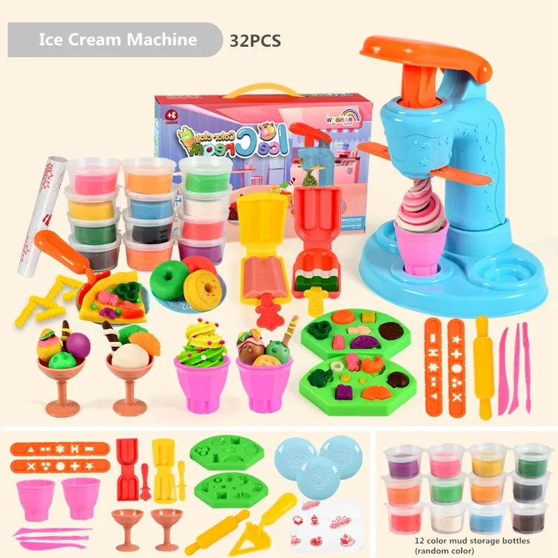 The 12colors Creative Kids Clay Toy Plasticine Tool Set includes a blue machine, molds, rollers, and 12 vibrant dough colors. Made with non-toxic materials, it helps kids craft pretend ice cream treats with tools and decorations. Packaging is visible in the background.