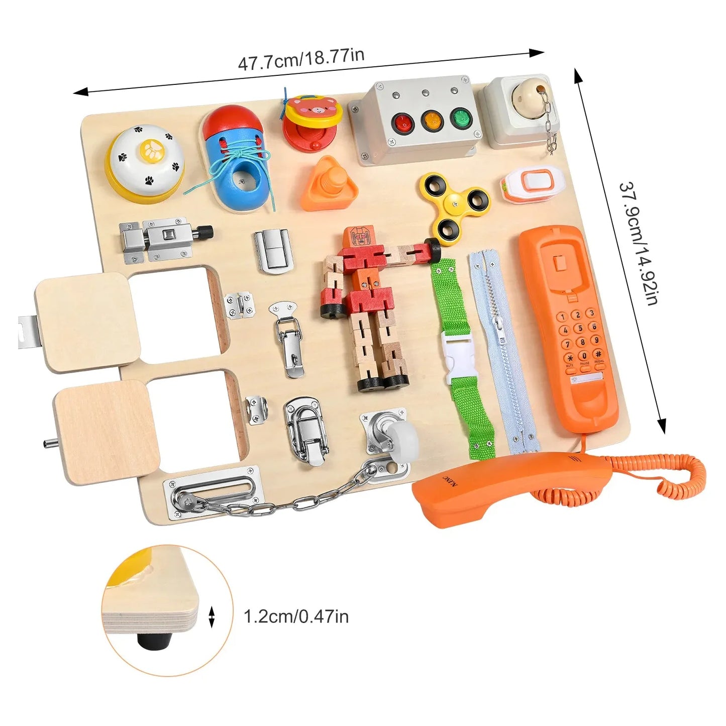 Discover the Interactive Wooden Activity Board for Children in yellow, a sensory learning toy with Montessori materials. Measuring 47.7 cm by 37.9 cm, it features a phone handset, fidget spinner, light switches, and gears for tactile exploration and education.
