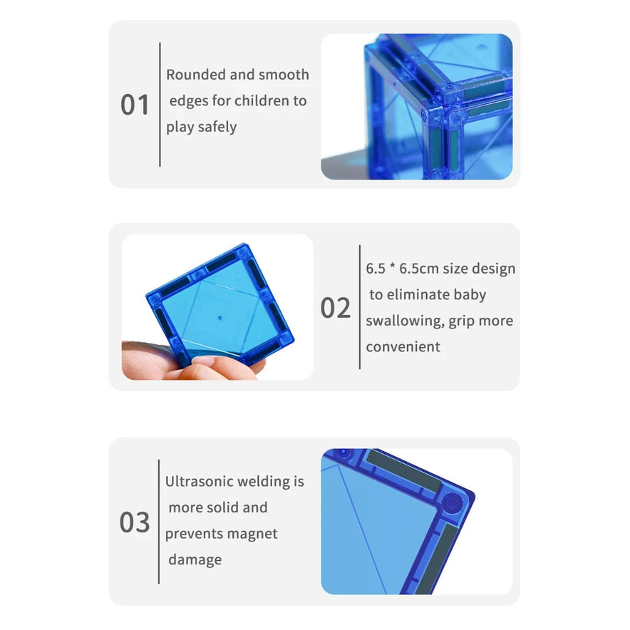The Magplayer Magnetic Tiles Construction Set includes images of blue geometric blocks, highlighting safety features: 1) Rounded edges for safety. 2) Blocks are 6.5 cm to prevent swallowing and allow easy grip, fostering cognitive skills. 3) Ultrasonic welding adds solidity, safeguarding magnets.