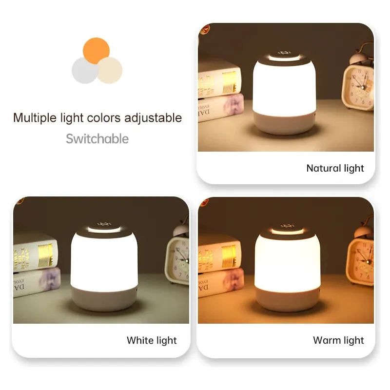 A collage features the Touch Control LED Night Light Lamp with a round base and cylinder light. The top shows natural light, bottom left white light, and bottom right warm light. Its USB rechargeable with touch control. Books and an alarm clock are in the background.