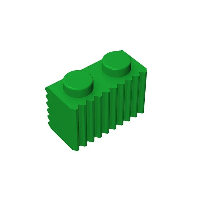 A set of 50 green MOC Parts 2877 Brick Modified 1x2 with grille fluted profile, compatible with Lego, perfect for building and developing fine motor skills, isolated on a white background.