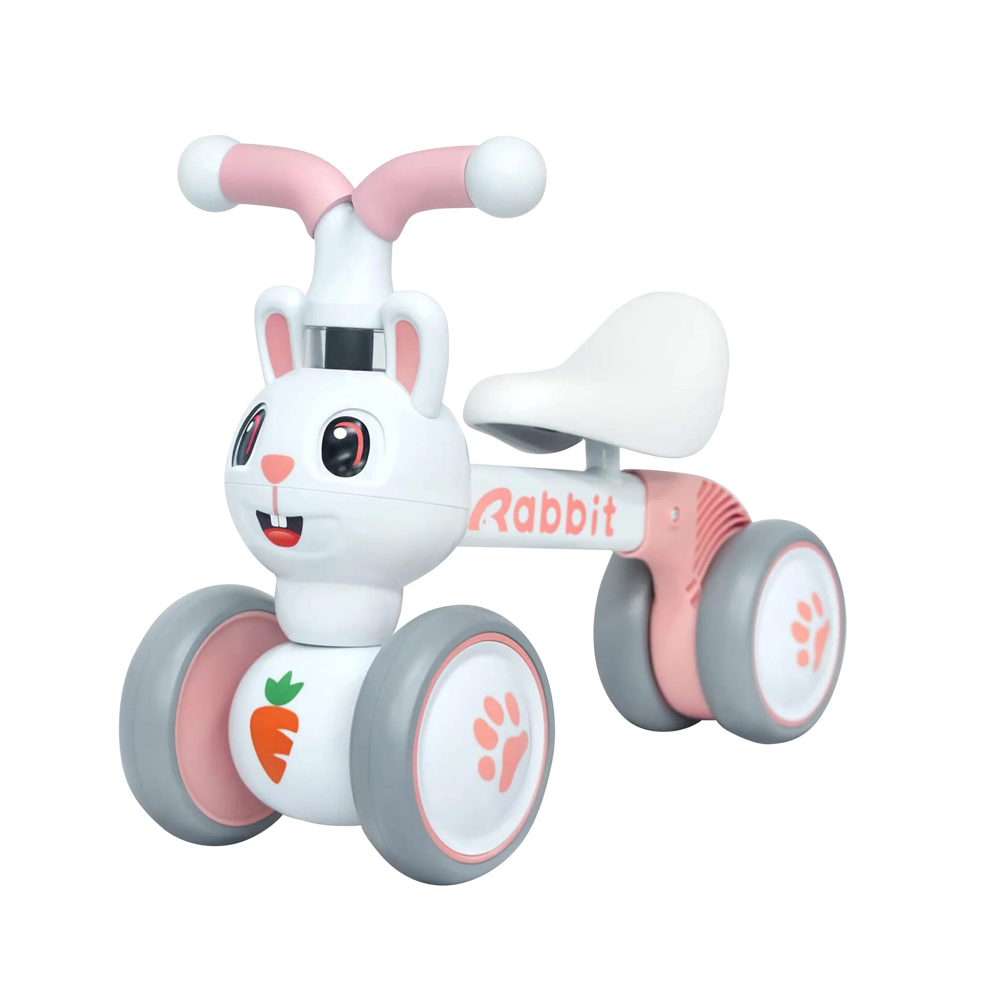 The Baby Balance Bike With 4 Wheels For Toddlers Ages 12 To 36 Months in Pink Rabbit is a cute ride-on toy featuring bunny details, ideal for building motor skills and makes a perfect first birthday gift.