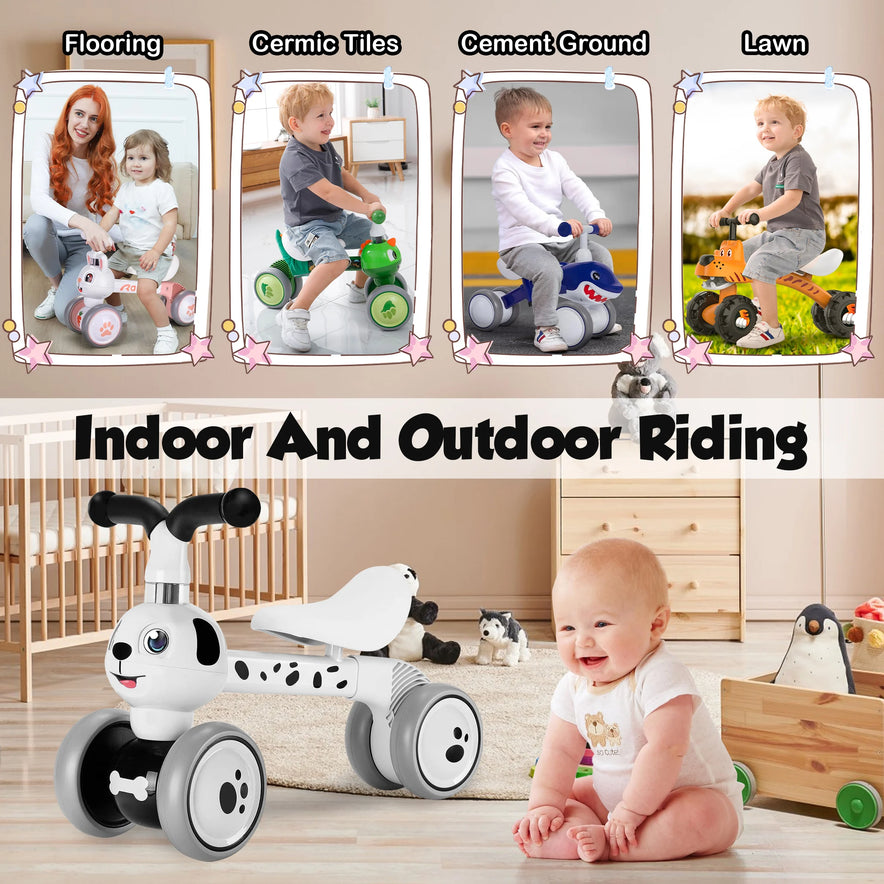 A happy baby sits near a Baby Balance Bike With 4 Wheels For Toddlers Ages 12 To 36 Months. Photos show kids riding it on various surfaces—perfect for indoor and outdoor play to boost gross motor skills! Great first birthday gift.