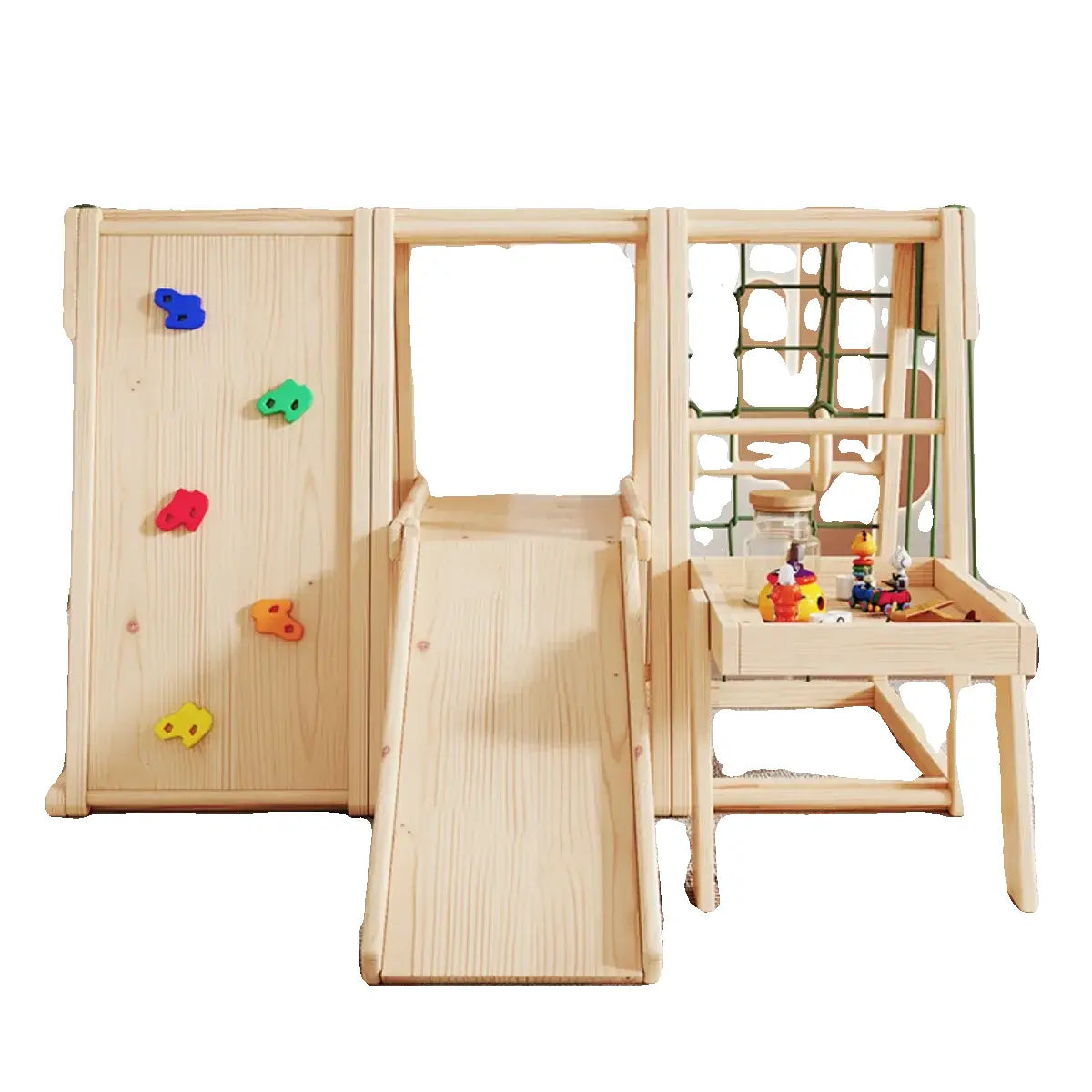 The Versatile Solid Wood Indoor Climbing Frame includes a slide, climbing wall with colorful grips, and a sensory-rich play area for toddlers. Its natural finish supports sensory development through engaging activities.