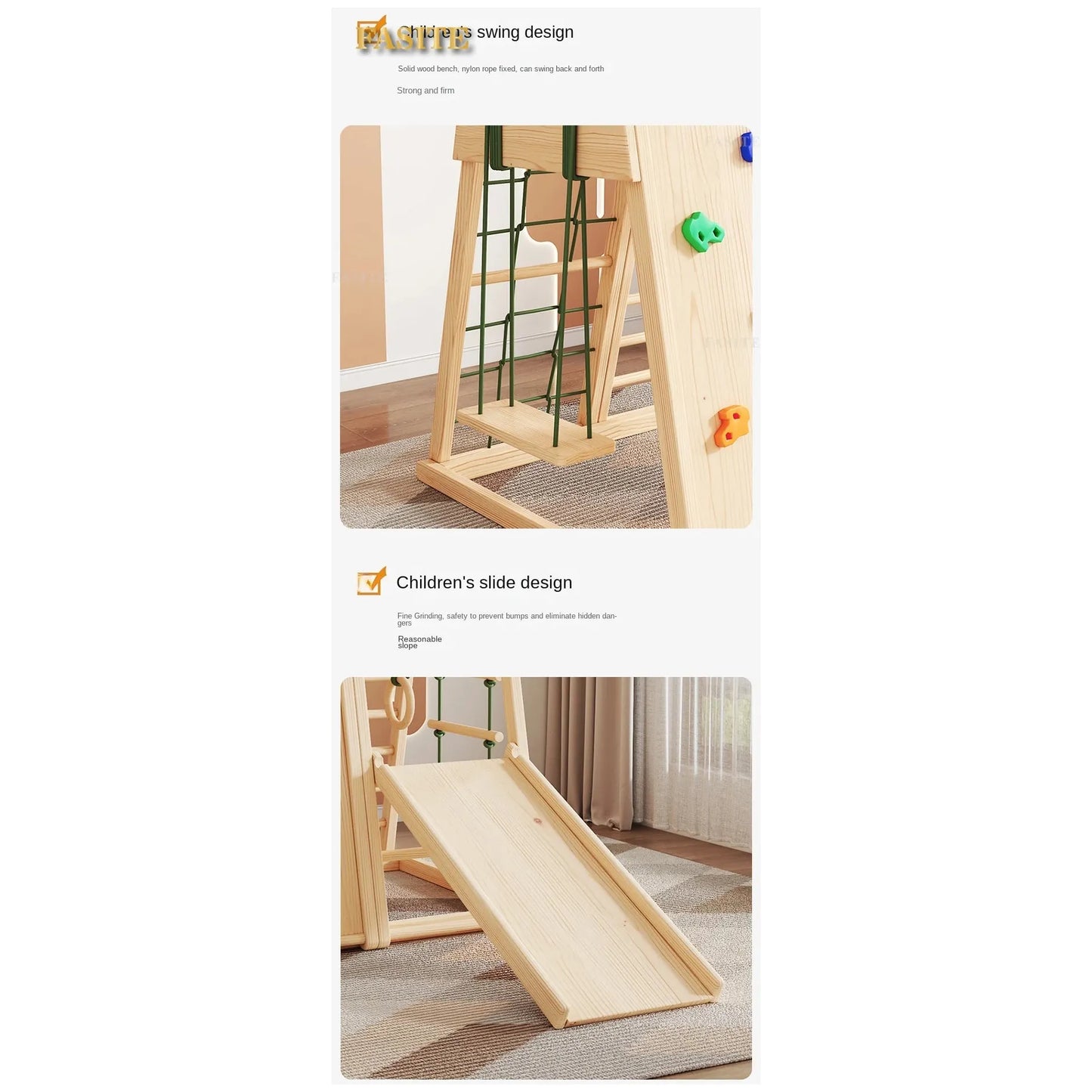 The Versatile Solid Wood Indoor Climbing Frame for Kids’ Sensory Development features a swing with net enclosure, smooth slide, and colorful knobs, designed as both a play set and sensory integration tool, perfect for rooms with curtains and wooden floors.