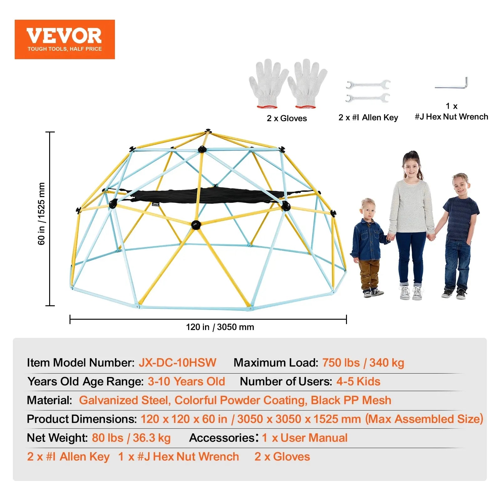 A colorful VEVOR Geometric Dome Climber with a black hammock swing is surrounded by adventurous kids. The image includes gloves, wrenches, model number, materials, dimensions, weight capacity, and recommends usage for ages 3-10 years old.
