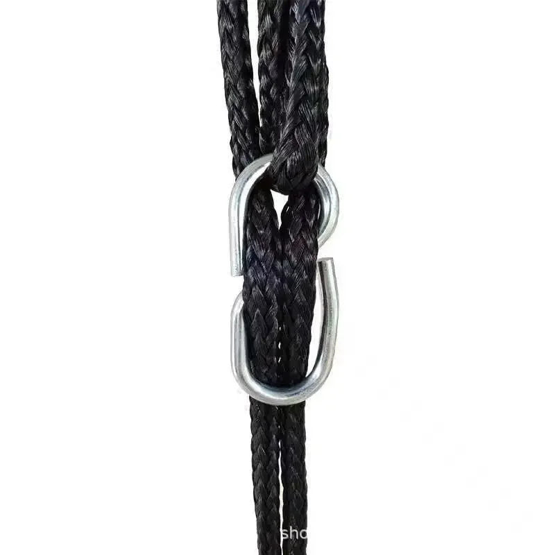 Close-up of two black braided ropes from the Diameter 100CM Round Nest Rope Swing Indoor Outdoor Hanging Chair, secured with a silver hook against a white background.