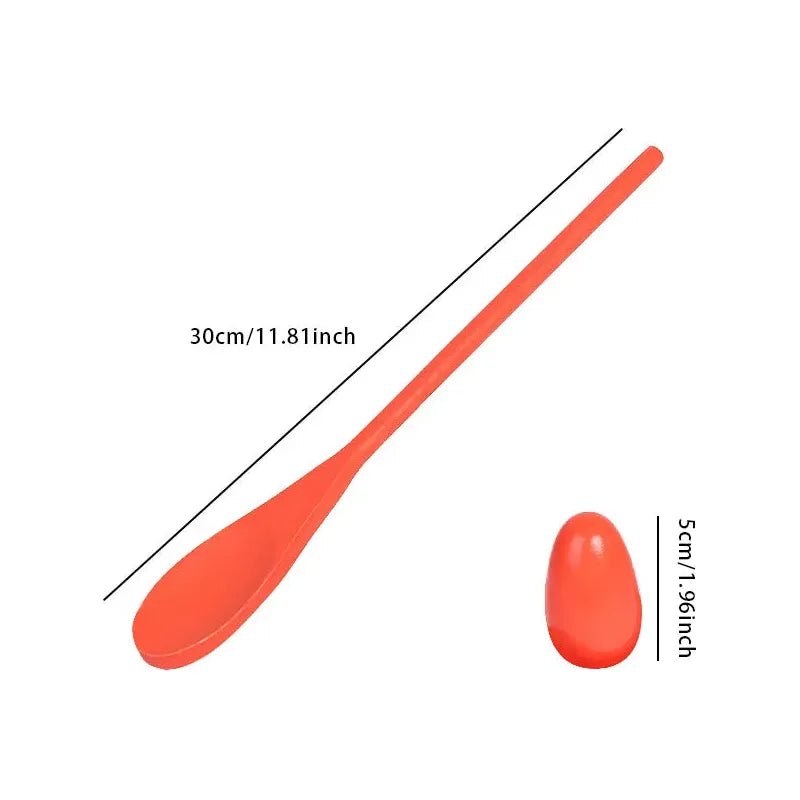 The 6-Piece Parent-Child Sensory Balance Game includes a red silicone spoon with a long handle and oval-shaped tip, measuring 30 cm in length and 5 cm at the tip, ideal for skill development activities like enhancing hand-eye coordination through balance exercises.