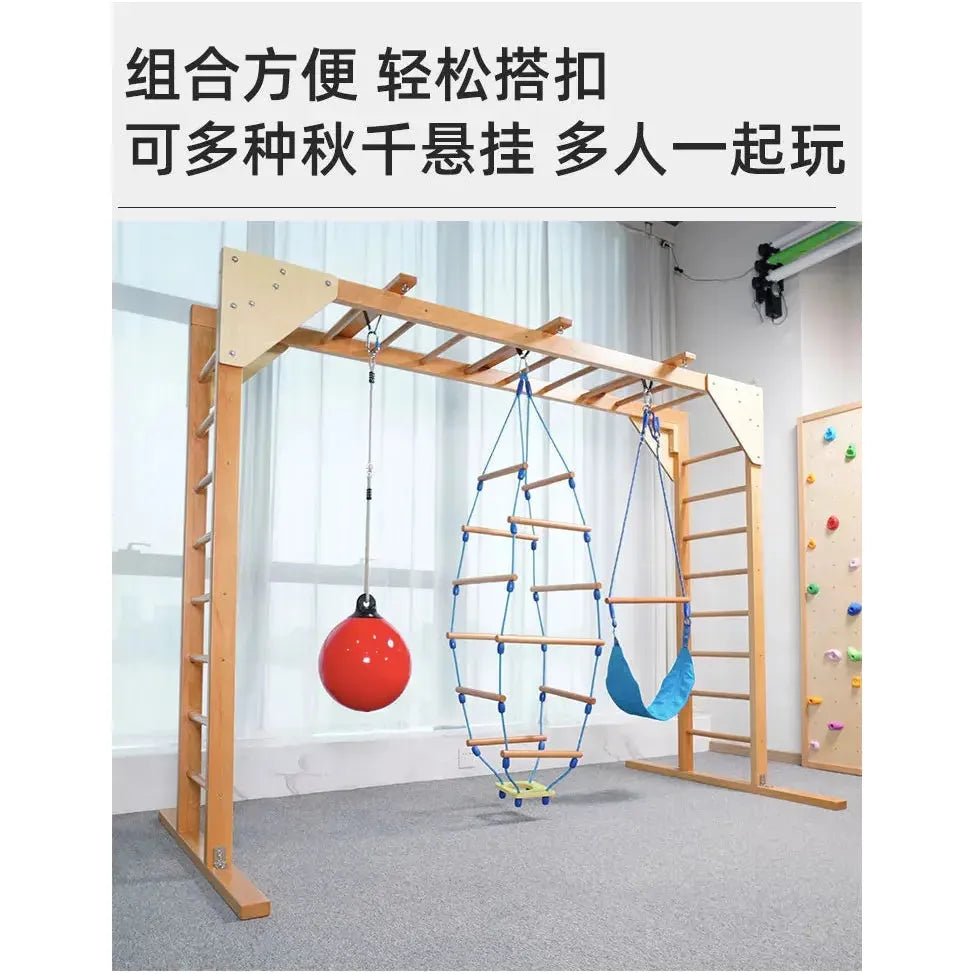 The Indoor Sensory Fitness Ladder for Kids is a wooden gym set with ladders, bars, a red punching ball, and a rope climbing net for sensory integration, plus a blue swing and Chinese text above.