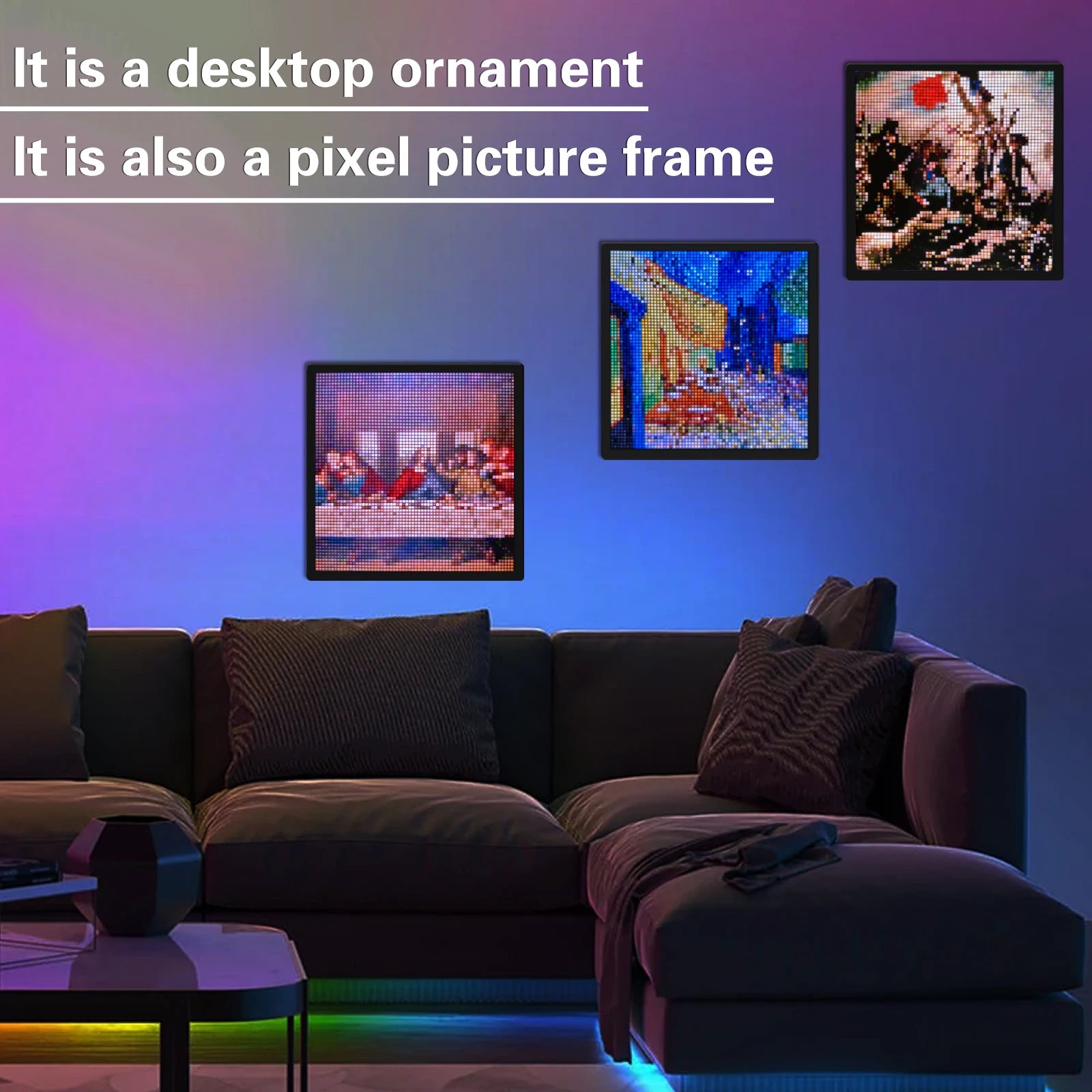 A modern living room with vibrant LED lighting from the LED Pixel Display 64x64 RGB Matrix Panel, featuring a dark sectional sofa and three programmable pixel art frames depicting famous paintings. Text: Desktop ornament, smart night light, and pixel picture frame.