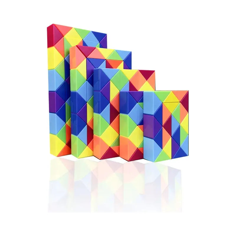 Four Rainbow Transformable Fidget Snake Cubes, designed as engaging brain teasers for kids, are arranged in descending size on a white background. Each features red, blue, green, yellow, and orange triangles that resemble vibrant toys to captivate the mind.