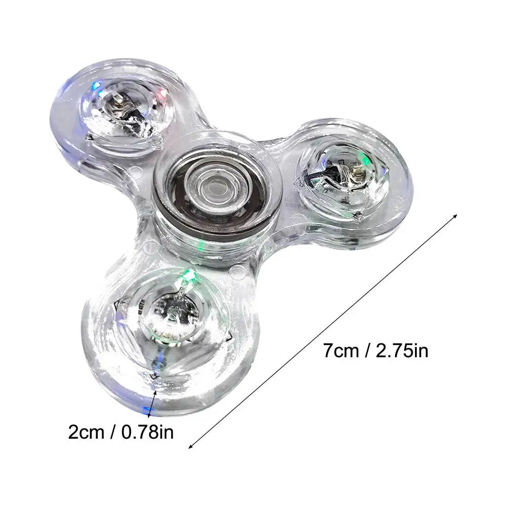The Crystal Finger Spinner Luminous LED Light offers stress relief with vibrant lights on three arms. Measuring 7 cm in diameter and 2 cm in height, this clear fidget spinner blends fun and function, glowing in the dark for kinetic gyroscope play.