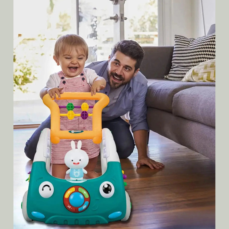 A smiling toddler pushes the EDUCIRO 4-in-1 Baby Walker while an adult kneels nearby on a wooden floor in a bright living room.