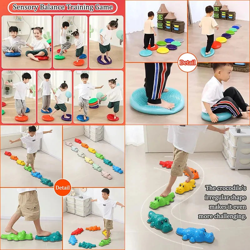 Kids engage with Montessori Sensory Integration Foot Toys, crafting balance games using animal stepping stones and textured circles. Crocodile shaped pieces add an extra challenge to enhance sensory integration in various creative setups. Suitable for ages 3-6.