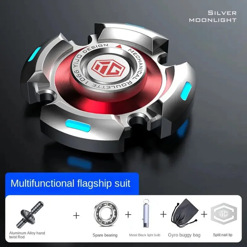 A metallic silver Fidget Spinner for adults and kids is shown above four accessories: twist rod, spare bearing, metal black light bulb, and pouch. Enjoy stress relief with this multifunctional Silver flagship suit with luminous light.