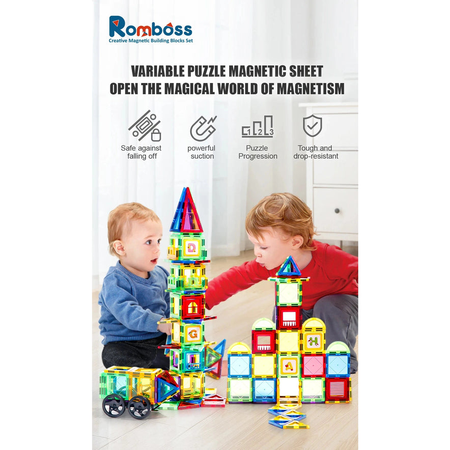 Two children play with vibrant magnetic blocks, building tall towers. Above them, text says, Romboss: Magnetic Educational Architecture Puzzle - Colorful Building Blocks Toy for Creative Kids. Icons symbolize safety, auditory features, puzzle progression, and durability.