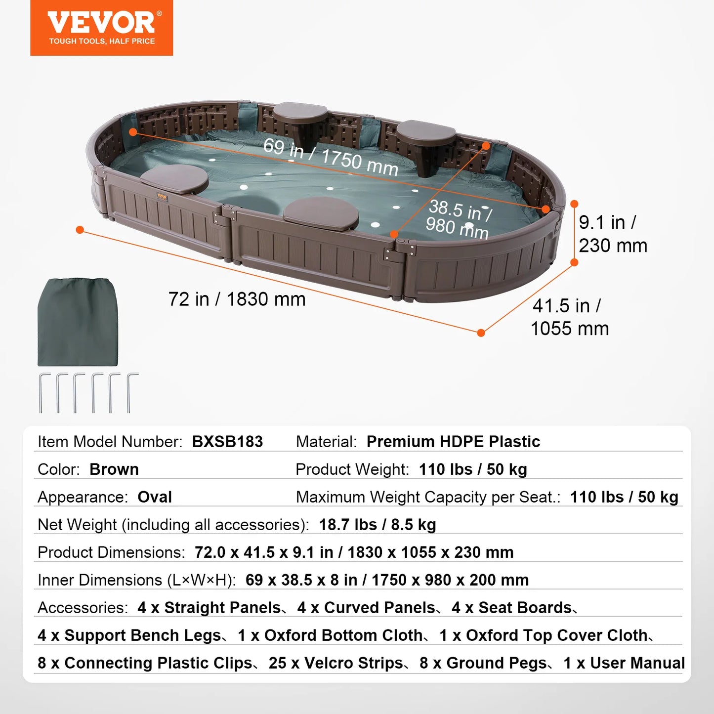 The SucceBuy Sandbox w/ Cover is an oval plastic sand pit with four corner seats and a bottom liner for kids, shown on a white background with dimensions, weight, materials, included accessories, and optional wood assembly set listed.