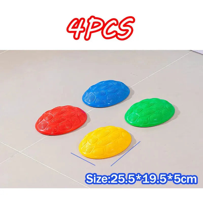 The Montessori Sensory Integration Foot Toys set includes four colorful stepping stones in red, blue, green, and yellow with textured circular patterns, perfect for balance training. Labeled 4PCS and Size: 25.5*19.5*5cm, theyre ideal educational tools for kids aged 3-6.