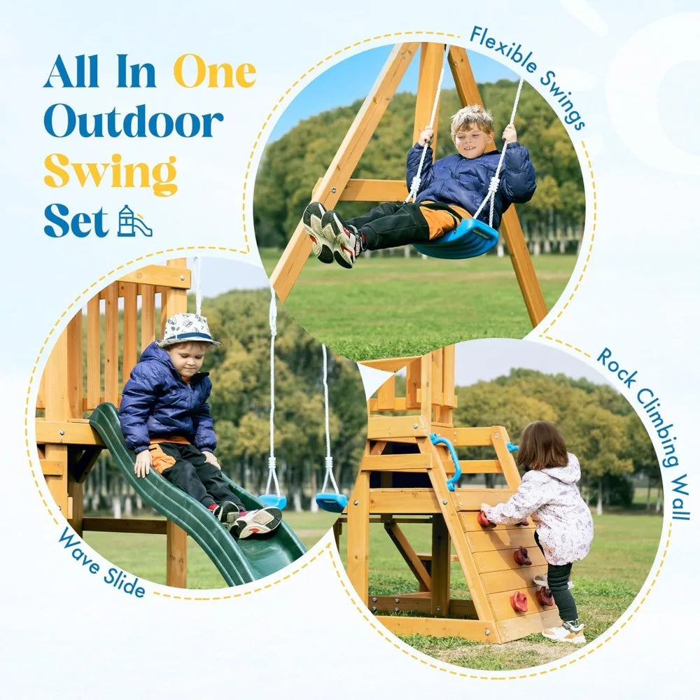 Three children enjoy the Wooden Swing Set for Backyard - All-in-One Kids Playset, featuring a slide, flexible swings, and a rock climbing wall in a grassy park under blue skies. Text highlights this backyard playgrounds top features.