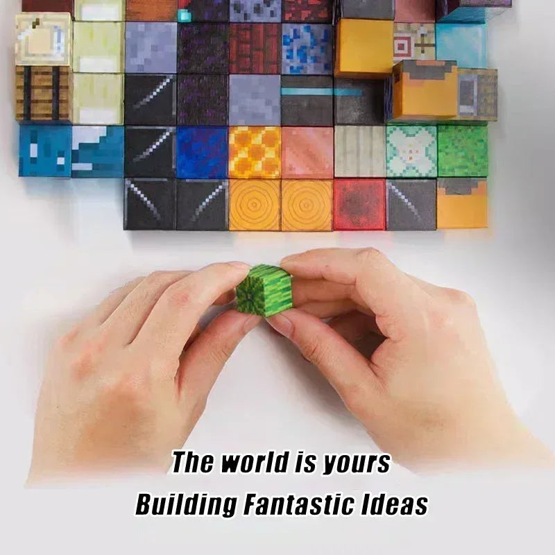 Two hands assemble a small Magnetic Building Blocks Mine World Magnet Cube. Several colorful cubes mimic Minecraft blocks above. Text: The world is yours. Building Fantastic Ideas. Ideal STEM Montessori toy for kids ages 3+.