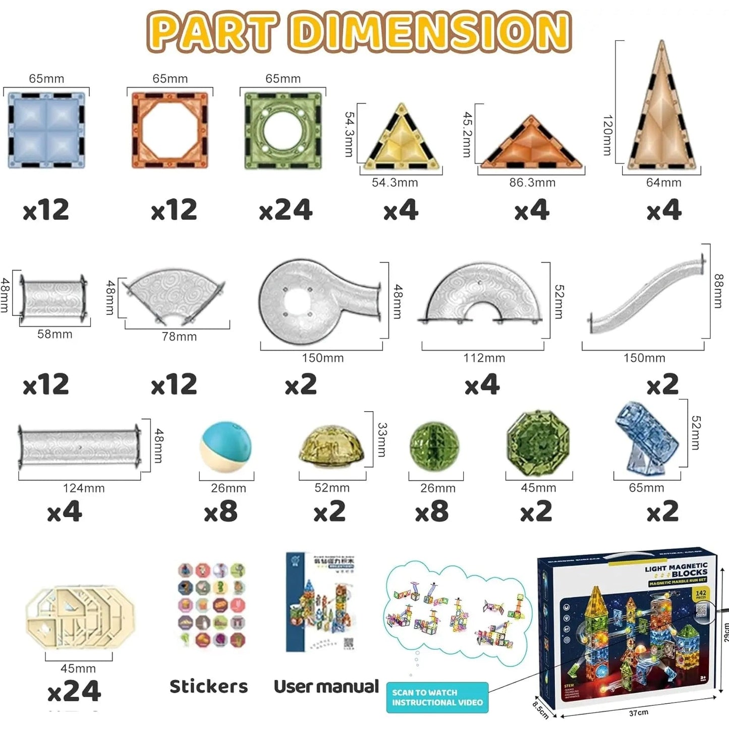 The image shows a Magnetic Marble Run Building Blocks Set, featuring various light magnetic shapes such as squares, triangles, tubes, balls, and accessories. Perfect for STEM learning, it includes stickers, a user manual, and its product box to inspire creativity.