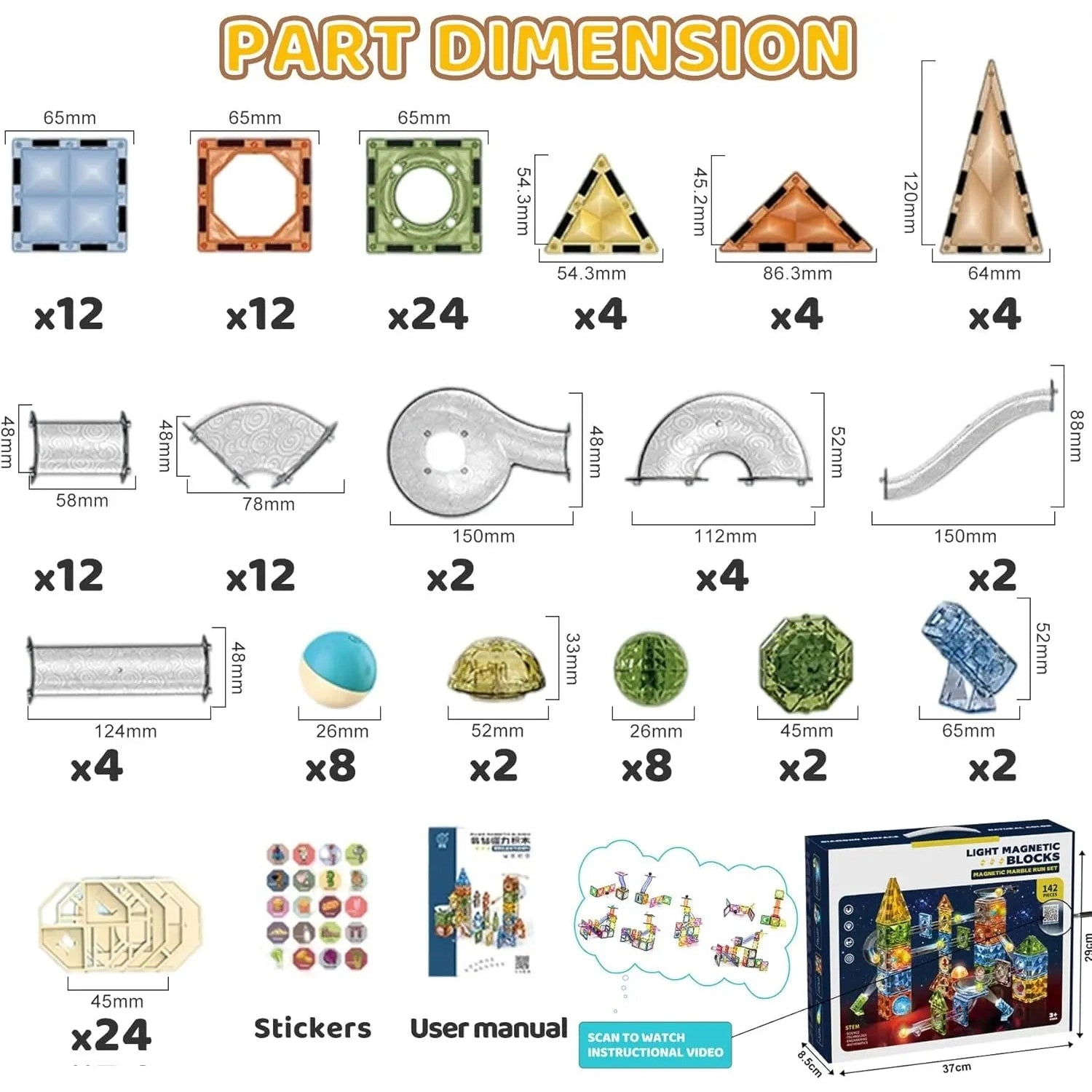 The image shows a Magnetic Marble Run Building Blocks Set, featuring various light magnetic shapes such as squares, triangles, tubes, balls, and accessories. Perfect for STEM learning, it includes stickers, a user manual, and its product box to inspire creativity.