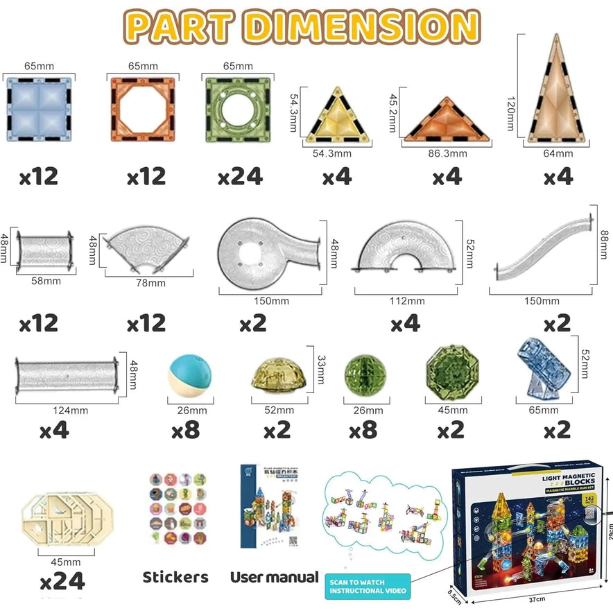 The image shows a Magnetic Marble Run Building Blocks Set, featuring various light magnetic shapes such as squares, triangles, tubes, balls, and accessories. Perfect for STEM learning, it includes stickers, a user manual, and its product box to inspire creativity.