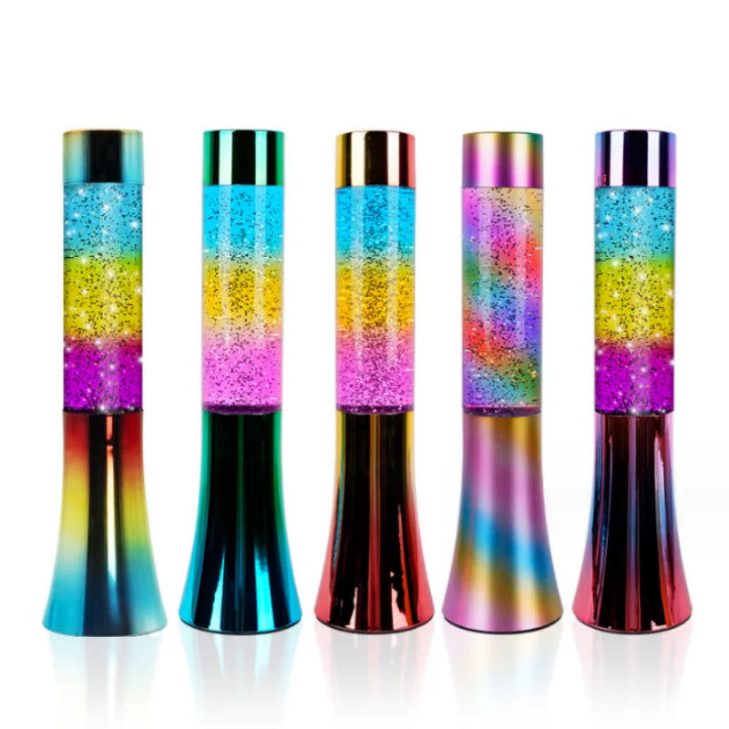 Five 13-inch Color-Changing LED Glitter Lava Lamps are lined up, featuring metallic bases and tops. Vivid liquids in blue, yellow, pink, and purple create a mesmerizing color-changing effect with sparkling particles for party or home decor.