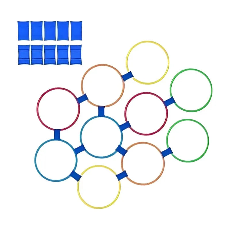 The Family Fun Jumping Game for Kids features a grid of vibrant red, yellow, green, and blue interlocking rings, perfect for outdoor play. Ten blue bean bags are arranged above in two rows on a white background, offering educational benefits and adding a playful touch to early learning.