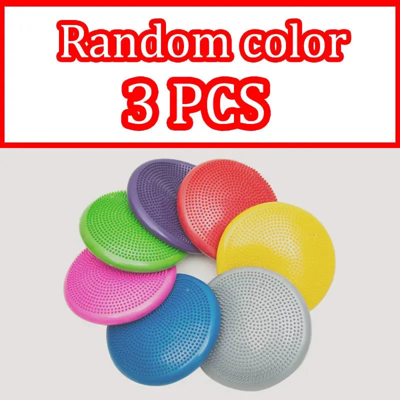 A set of seven circular textured balance discs in green, pink, blue, purple, red, yellow, and gray are arranged in a fan pattern for sensory integration. Above reads Random color 3 PCS in bold red letters. Ideal for Montessori Sensory Integration Foot Toys for Kids ages 3-6.