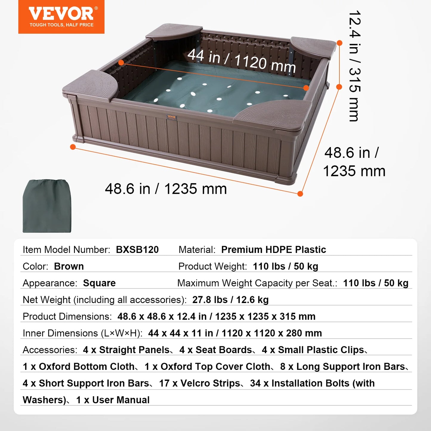 The SucceBuy Sandbox w/ Cover is a square HDPE plastic sandpit with 4 corner seats, a green Oxford cloth cover, and bottom liner. Measures 48.6 (1235 mm) per side and 12.4 (315 mm) high—perfect for kids outdoor play.
