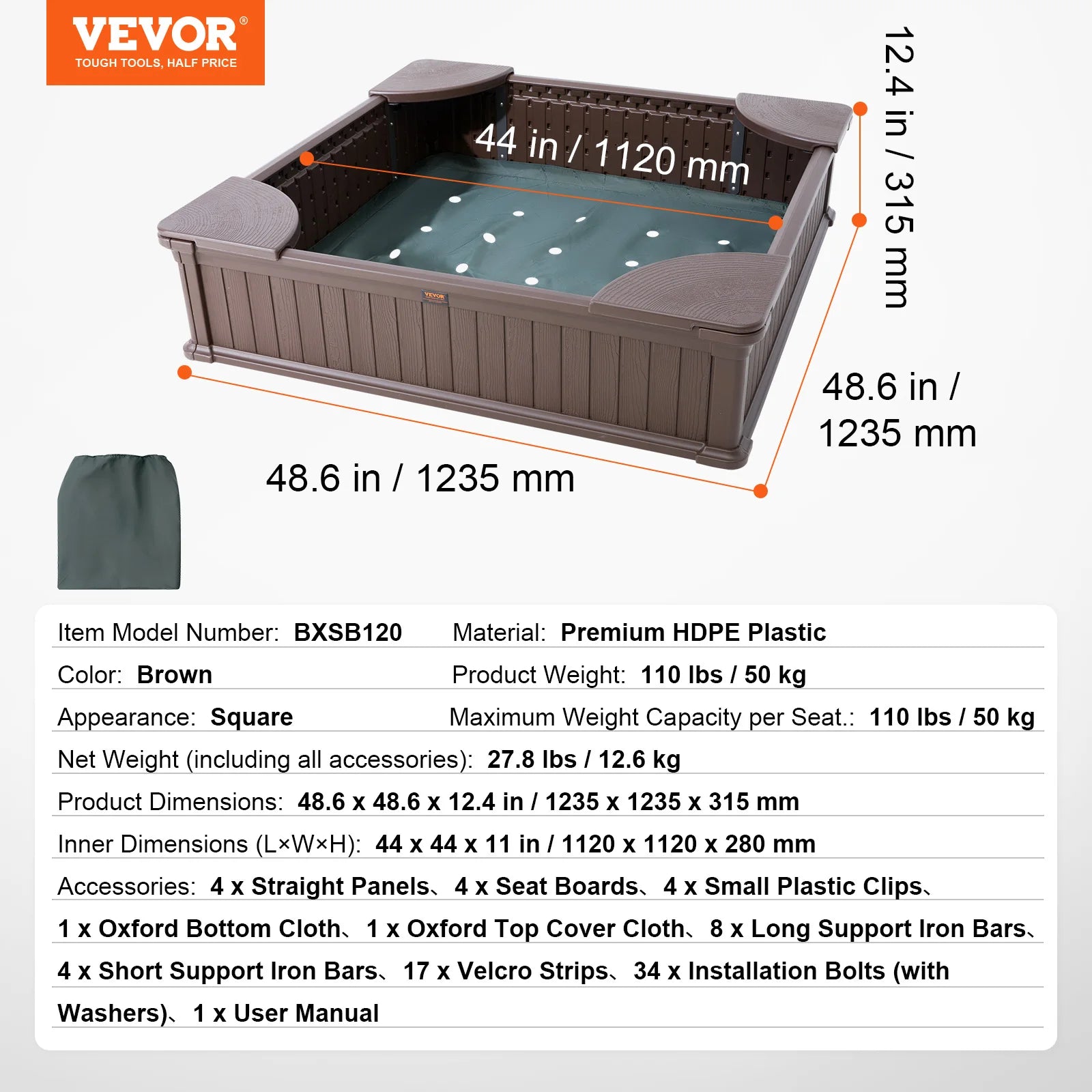 The SucceBuy Sandbox w/ Cover is a square HDPE plastic sandpit with 4 corner seats, a green Oxford cloth cover, and bottom liner. Measures 48.6 (1235 mm) per side and 12.4 (315 mm) high—perfect for kids outdoor play.