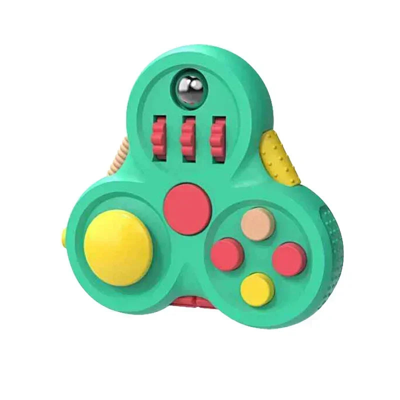 The green Rotating Magic Bean Adult Antistress Fidget Toy features a yellow button, red and yellow dials, small round buttons, a metal ball, and textured grips—ideal for sensory play and stress relief for kids ages 3-6.