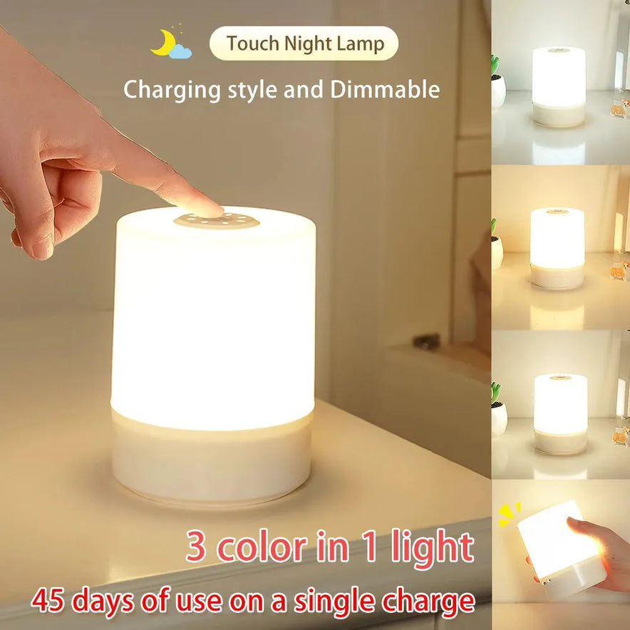 The Rechargeable Dimmable Touch LED Night Light, a perfect Christmas gift for kids, offers USB convenience and lasts 45 days on one charge. This cylindrical bedside lamp emits three colors and adjusts its soothing glow with a gentle touch.