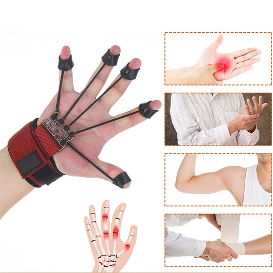 A hand wears the Forearm Grip Strengthener, with bands on each finger resembling a trainer. Side images show a red spot on the palm and someone holding their wrist, indicating pain or therapy for improving hand strength.